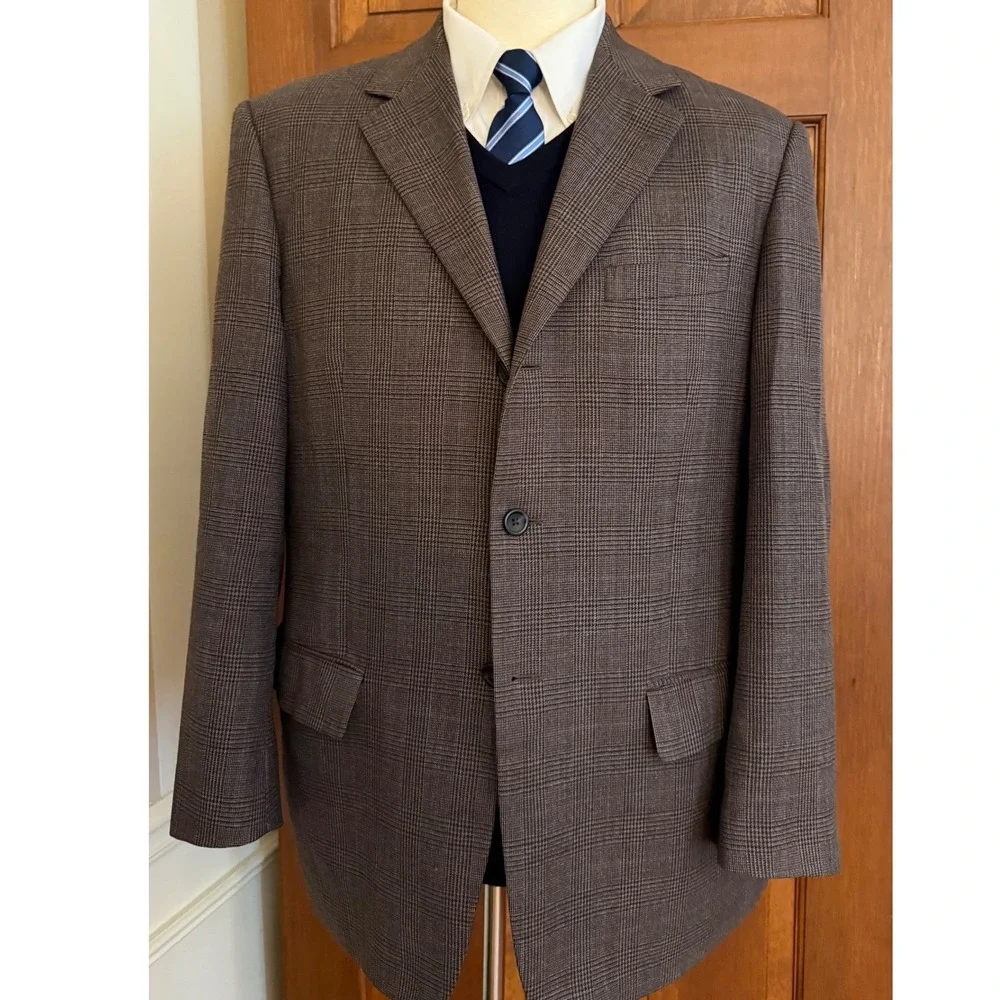 Linea Uomo Glen Check Sport Coat Mens 42R Brown Wool Three-Button‎ Blazer Jacket